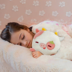 Mewaii Strawberry Cow Plush sleeping pose offers a cozy bedtime companion