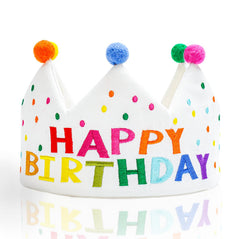 Meygajoe Rainbow Happy Birthday Crown close-up showing colorful wool balls for keepsake photos