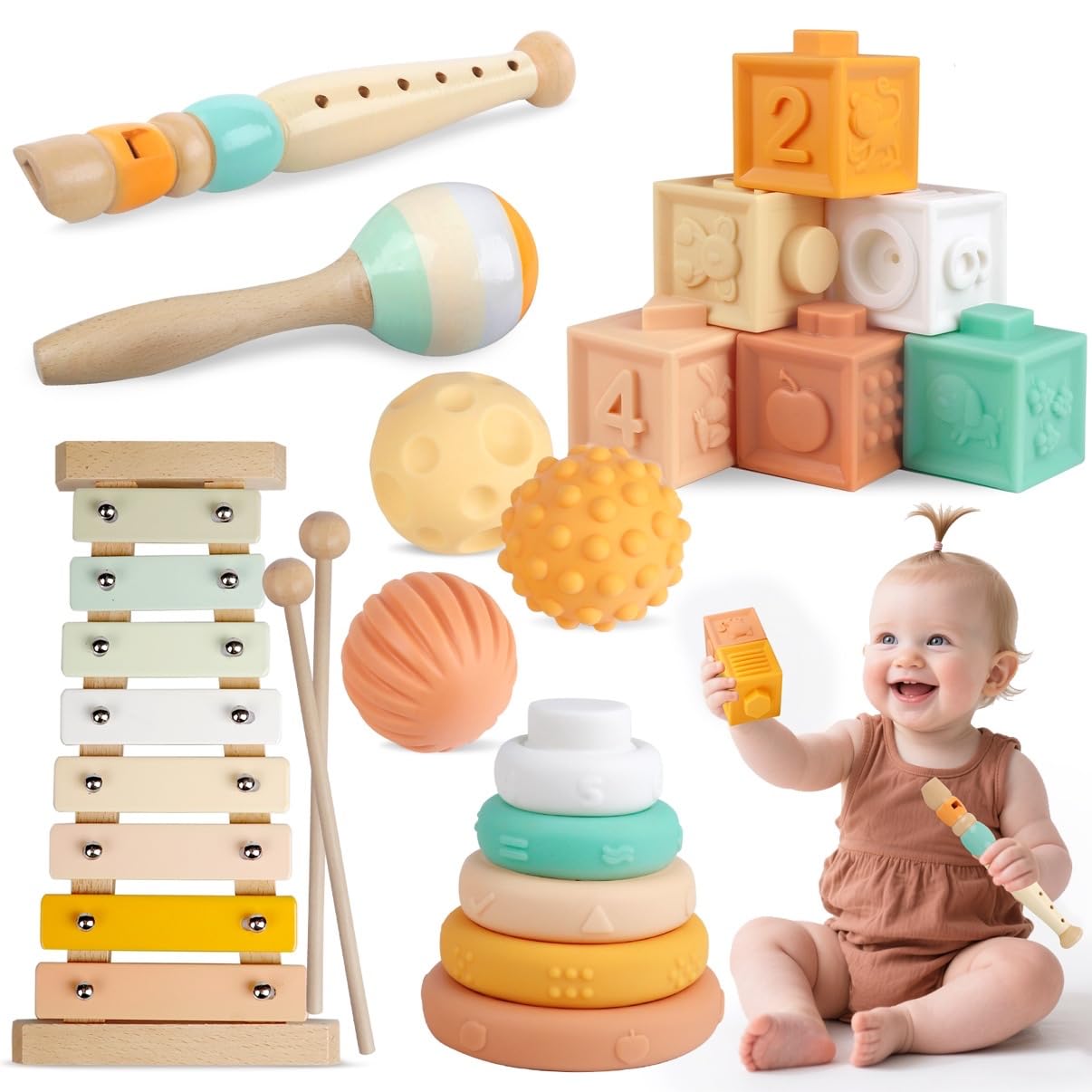 Meytccve Montessori stacking blocks with silicone teether textures for dexterity and play