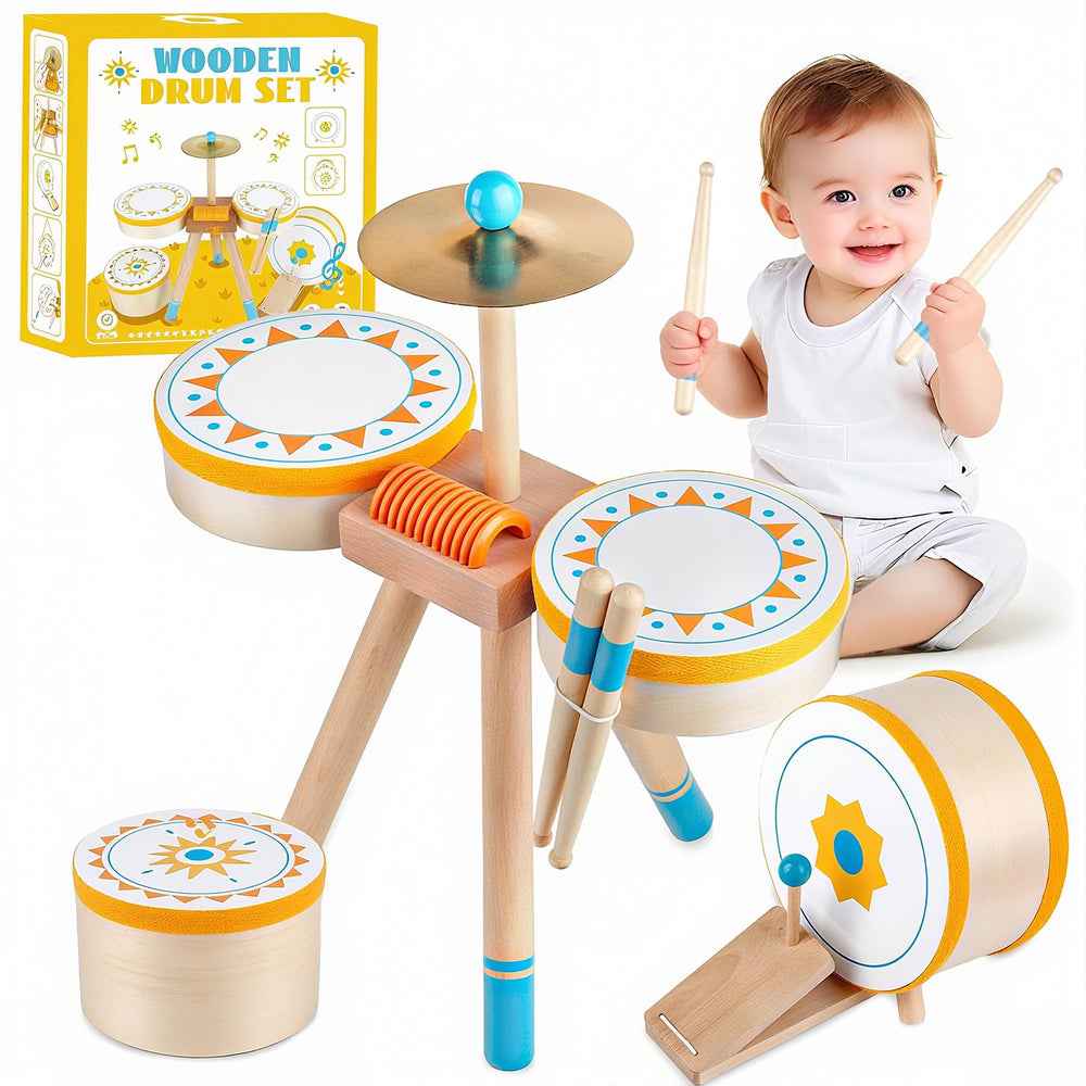 Meytccve Toddlers Drum Set wooden drum close-up, durable wood for safe play