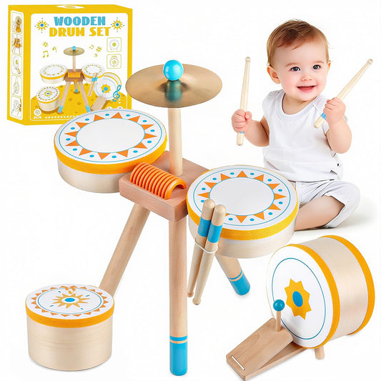 Meytccve Toddlers Drum Set wooden drum close-up, durable wood for safe play