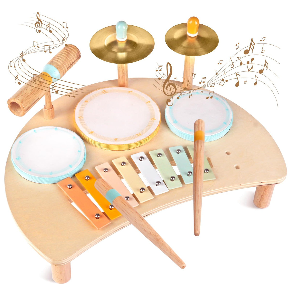 Meytccve Toddlers Drum Set wooden—promotes sensory play and fine motor skills.