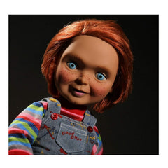 Mezco Chucky four movie-accurate phrases for interactive display.