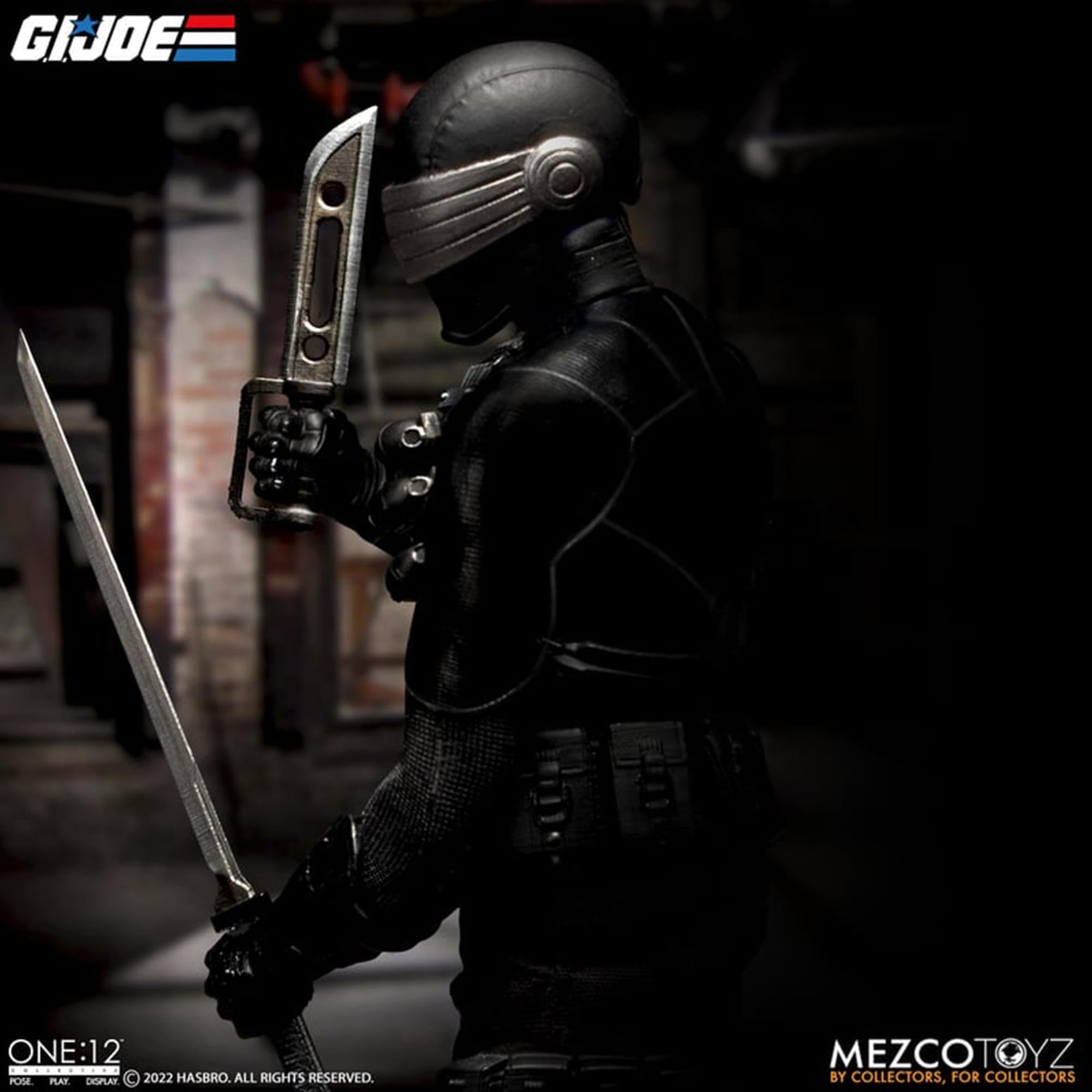 Mezco Snake Eyes One:12 Deluxe butterfly swords for dynamic dual-wielding displays.