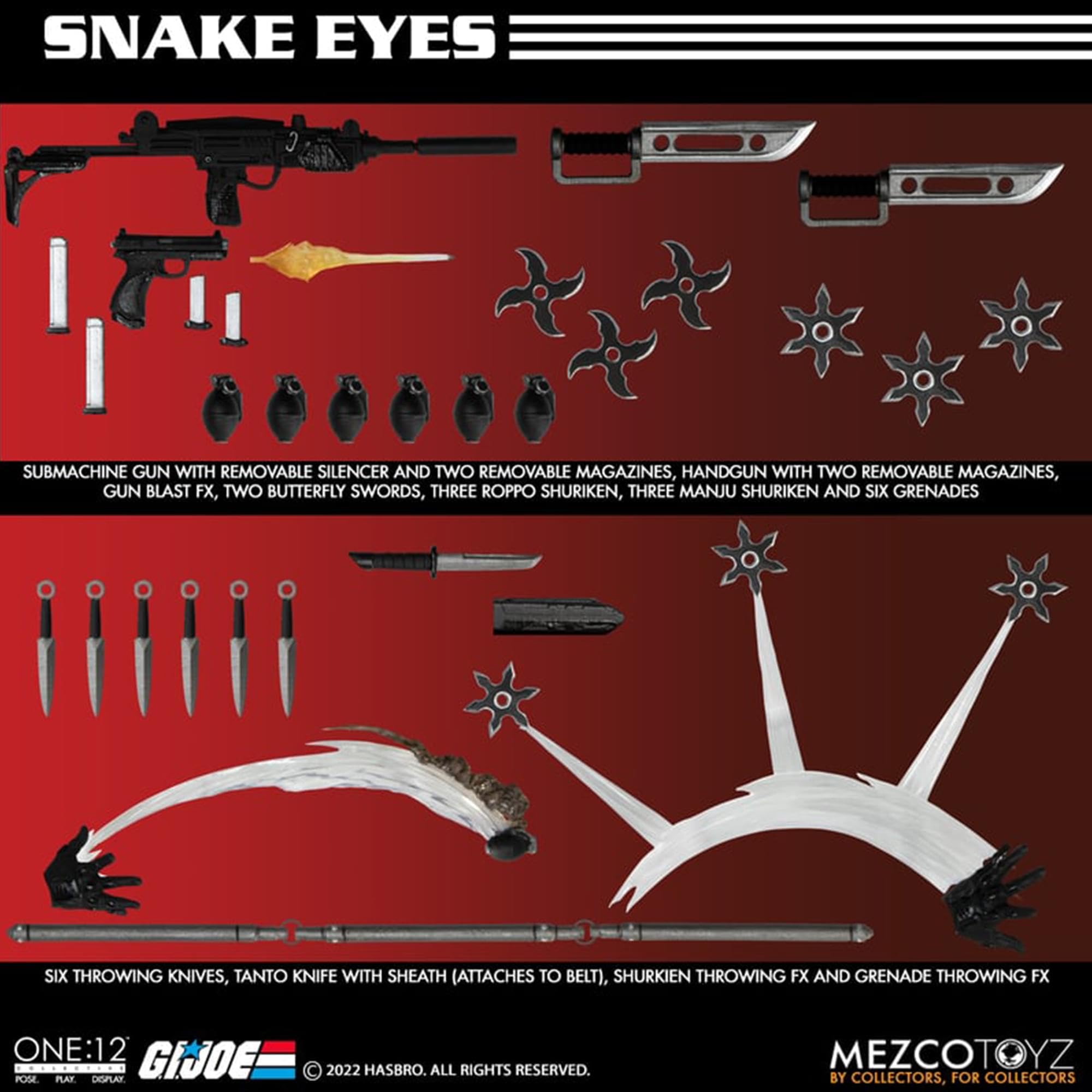 Mezco Snake Eyes One:12 Deluxe grenades offer gear-forward diorama options.