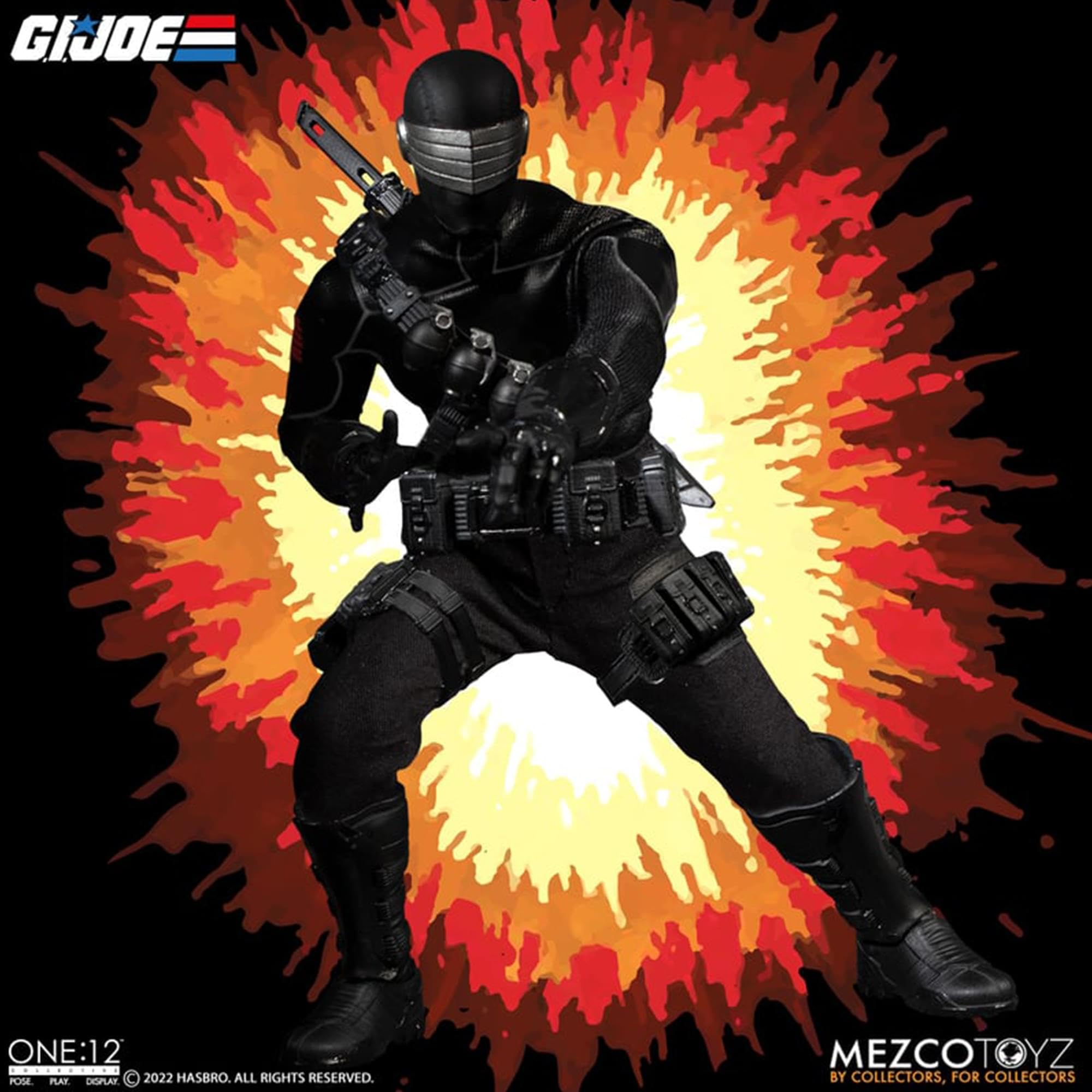 Mezco Snake Eyes One:12 Deluxe three-section nunchaku enhances action-ready posing.