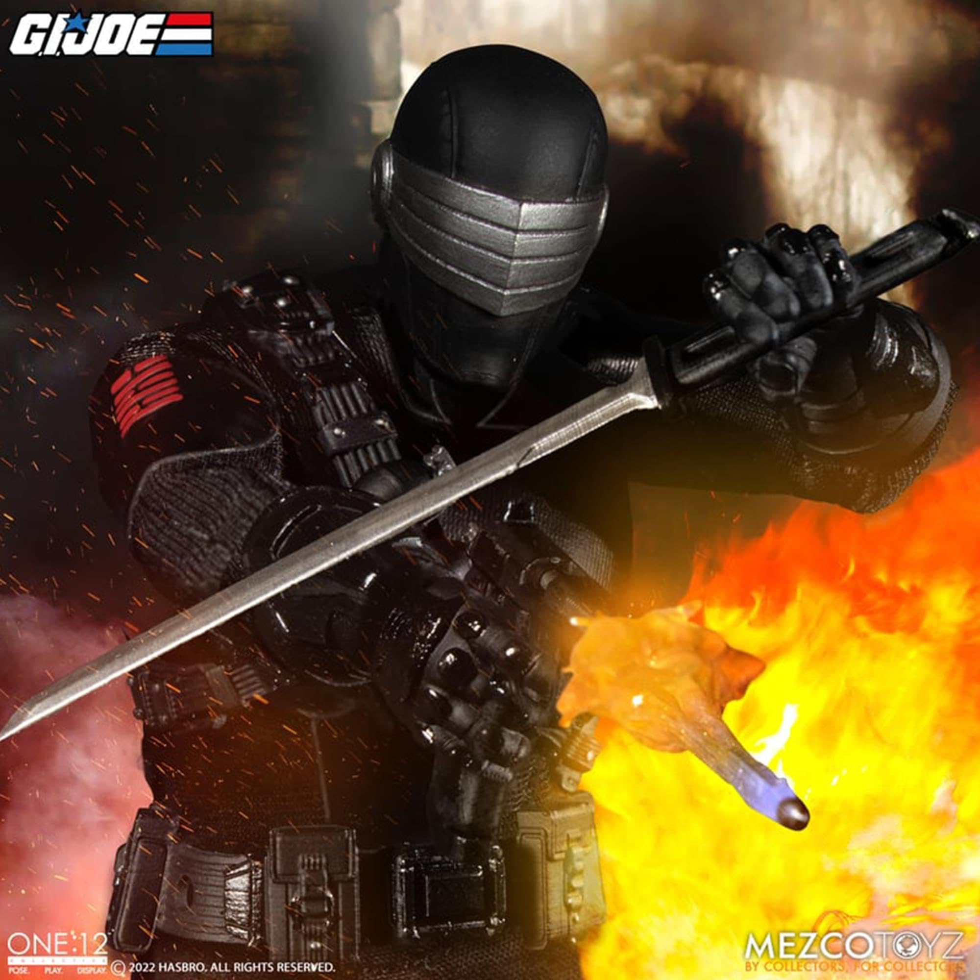 Mezco Snake Eyes One:12 Deluxe shuriken collection for versatile accessory display.