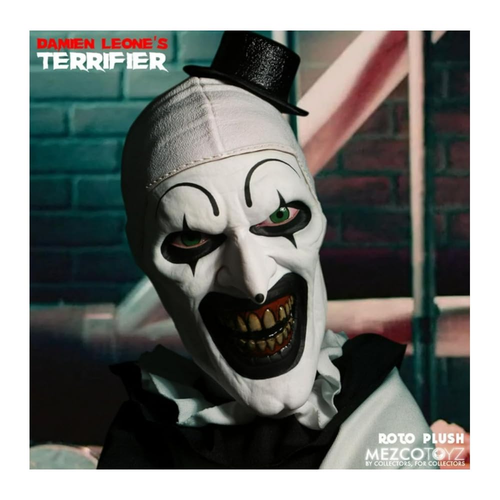 Mezco Terrifier Art the Clown Roto Plush back view, showcasing classic costume