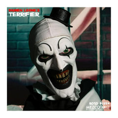 Mezco Terrifier Art the Clown Roto Plush back view, showcasing classic costume