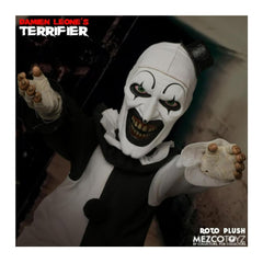 Mezco Terrifier Art the Clown Roto Plush costume detail, black-and-white suit and pom-pom