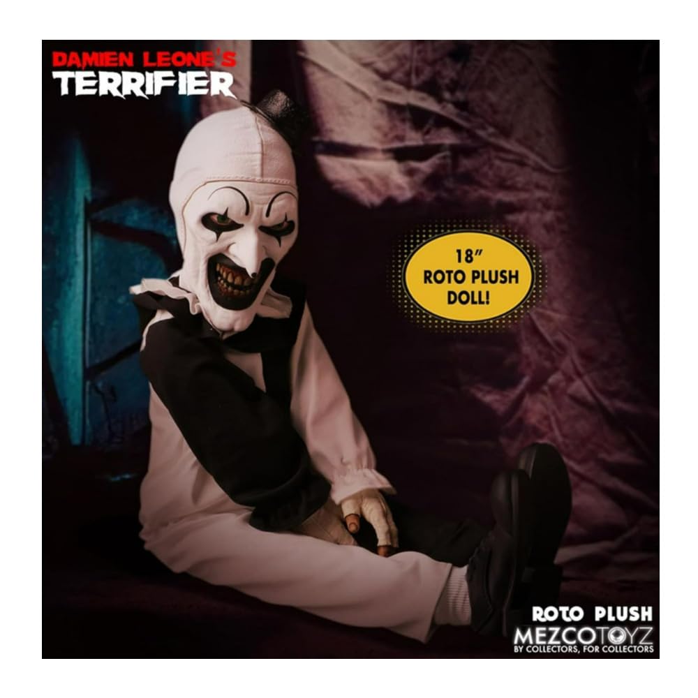 Mezco Terrifier Art the Clown Roto Plush display box, ideal for shelf display