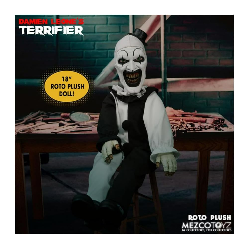 Mezco Terrifier Art the Clown Roto Plush hat detail, tiny black hat completes look