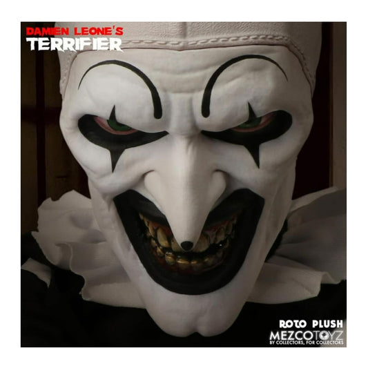 Mezco Terrifier Art the Clown Roto Plush side view, soft plush with menacing design