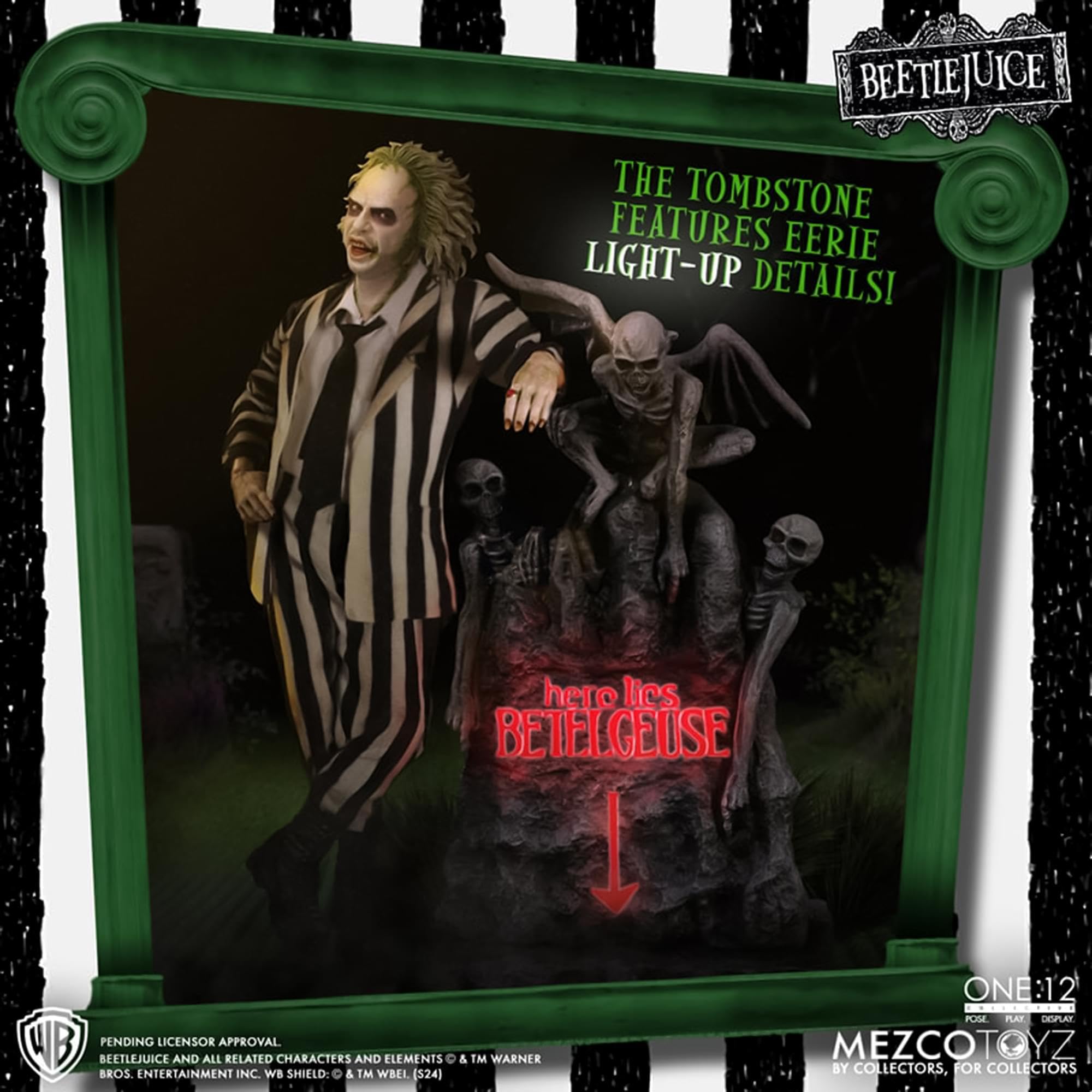 Mezco Toyz One:12 Beetlejuice light-up effect enhances night-time display appeal