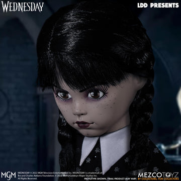 Mezco Wednesday doll close-up face reveals crisp sculpting for collectors.