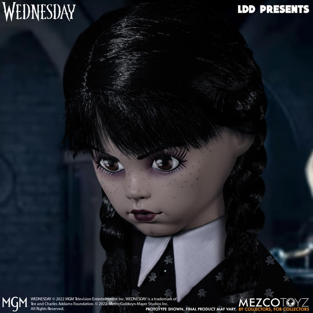 Mezco Wednesday doll close-up face reveals crisp sculpting for collectors.