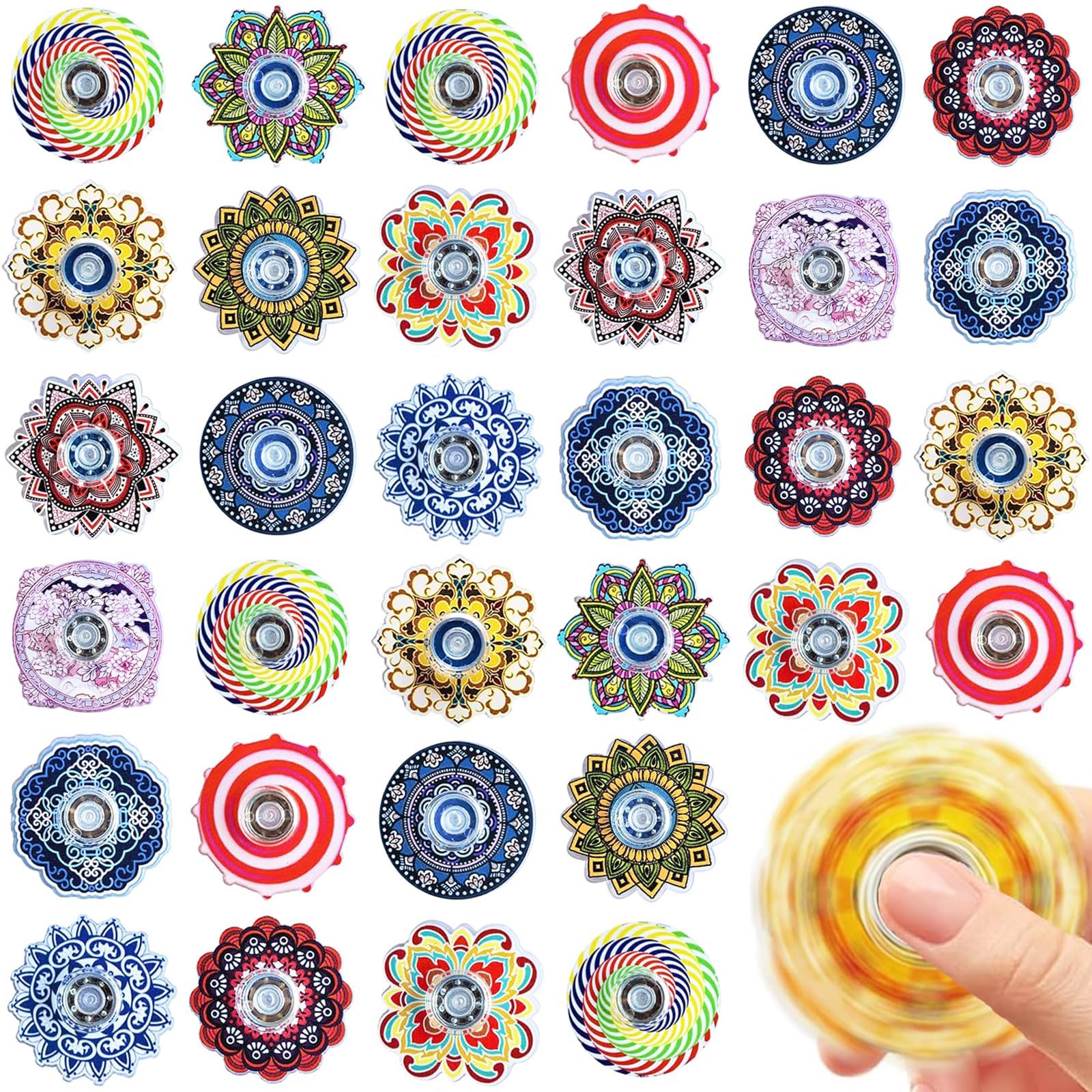 MEZHOBBY 40-pack mini fidget spinners with varied patterns for engaging desk activities.