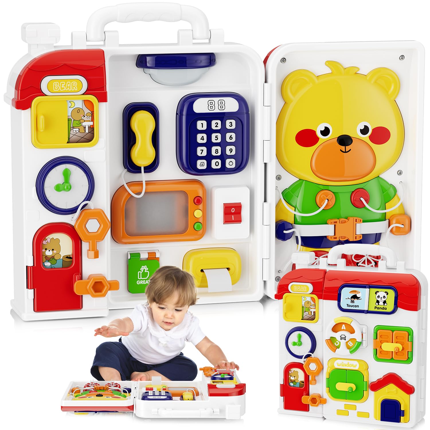 MFEESYOB Montessori busy board with musical buttons enhances fine motor skills.