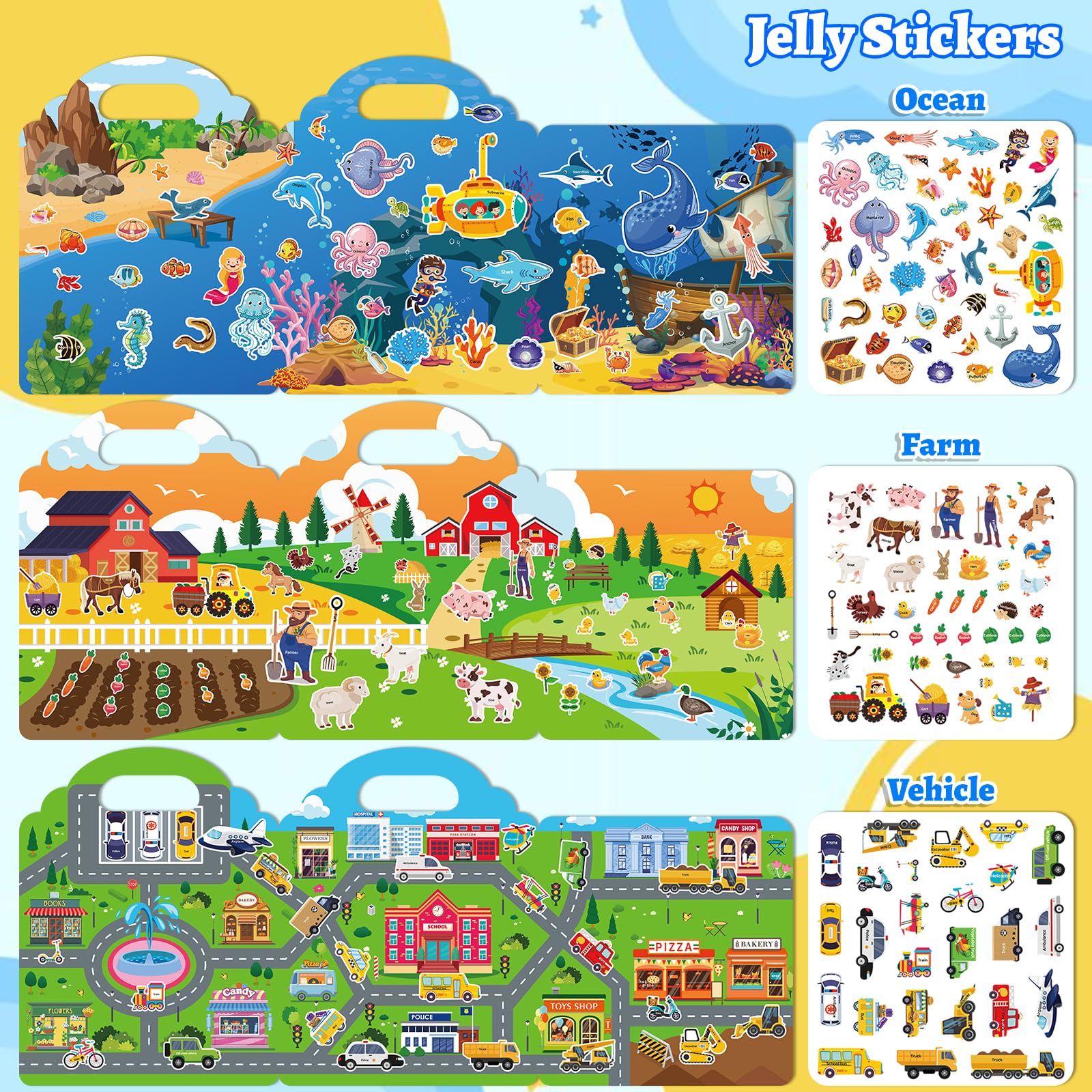 Mfmiudole jelly reusable sticker book vehicles theme encourages imaginative play
