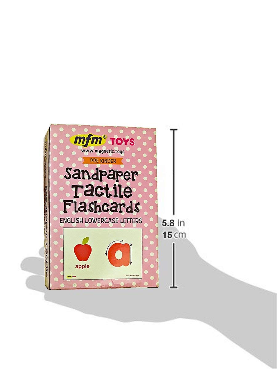 MFM TOYS sandpaper tactile lowercase letters flashcards in hand for hands on literacy practice.