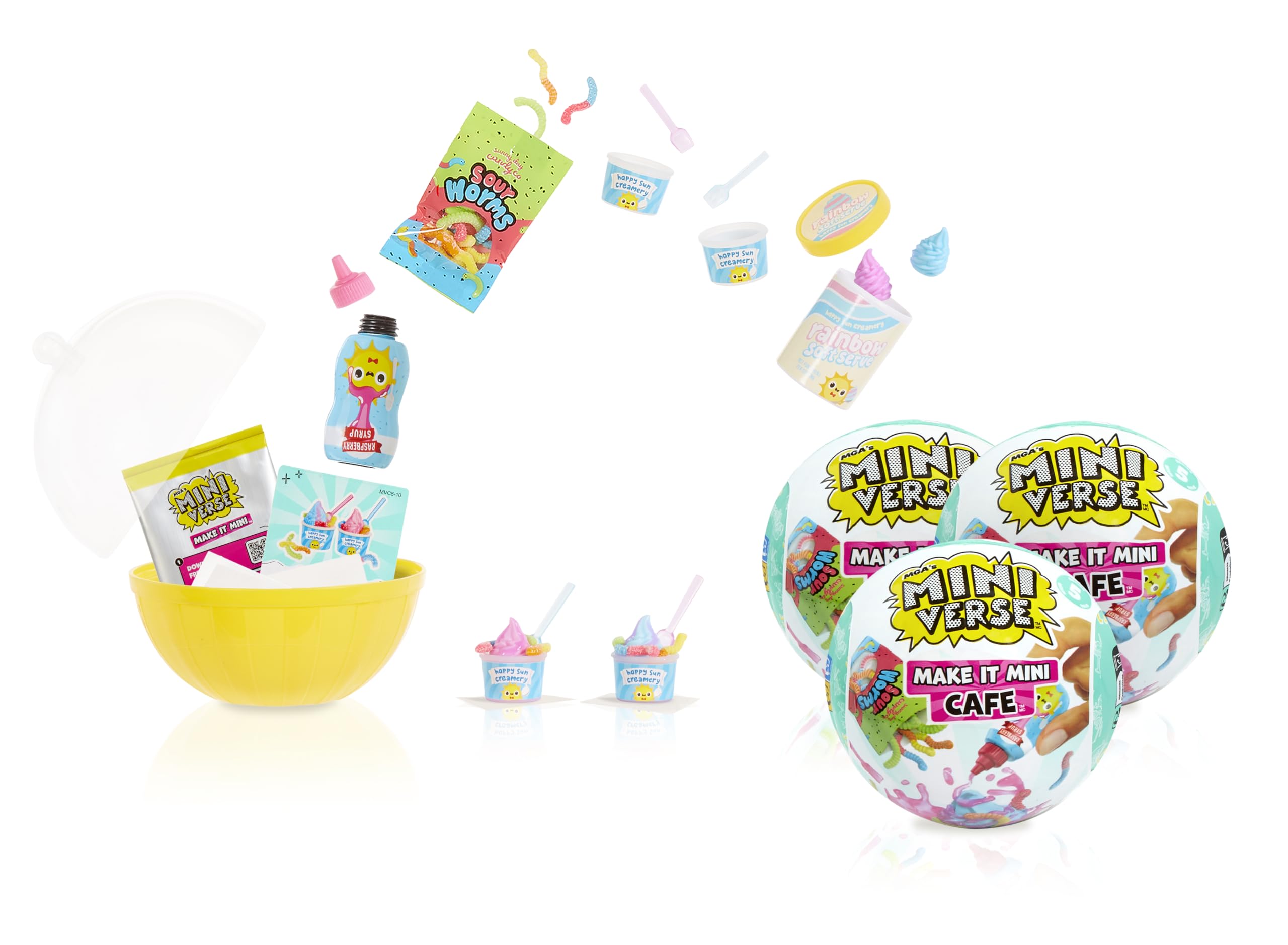 MGA's Miniverse Make It Mini Cafe 3-pack surprise balls showing colorful mini snacks for display