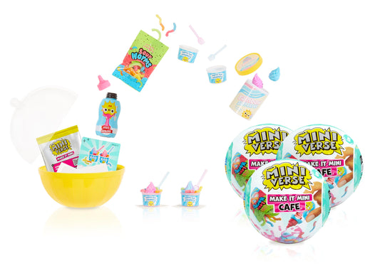 MGA's Miniverse Make It Mini Cafe 3-pack surprise balls showing colorful mini snacks for display