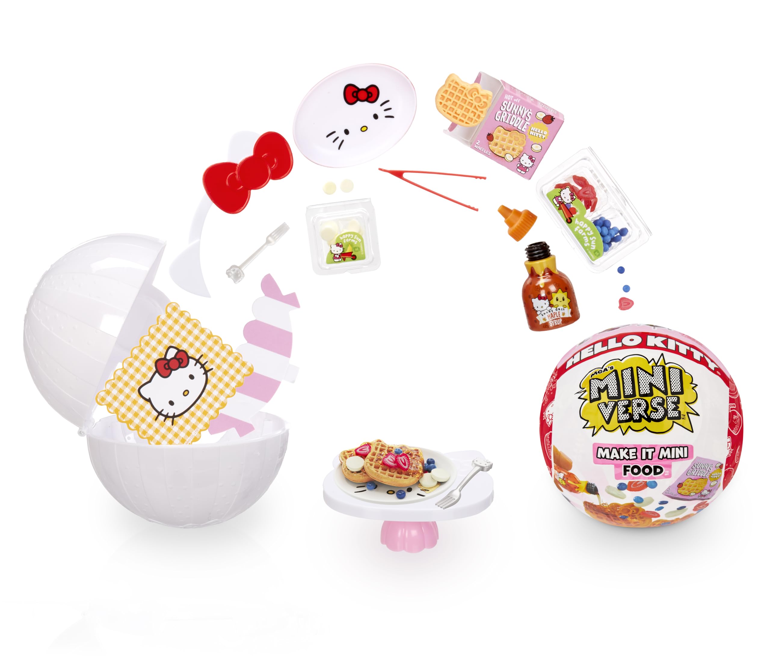 MGA's Miniverse Make It Mini Food Hello Kitty ball showcases resin mini foods for display-ready miniatures.
