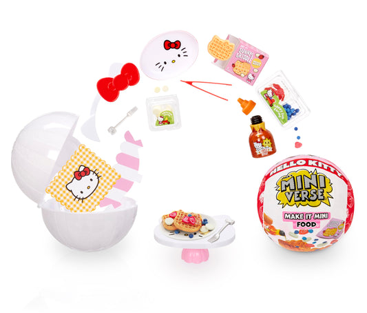 MGA's Miniverse Make It Mini Food Hello Kitty ball showcases resin mini foods for display-ready miniatures.
