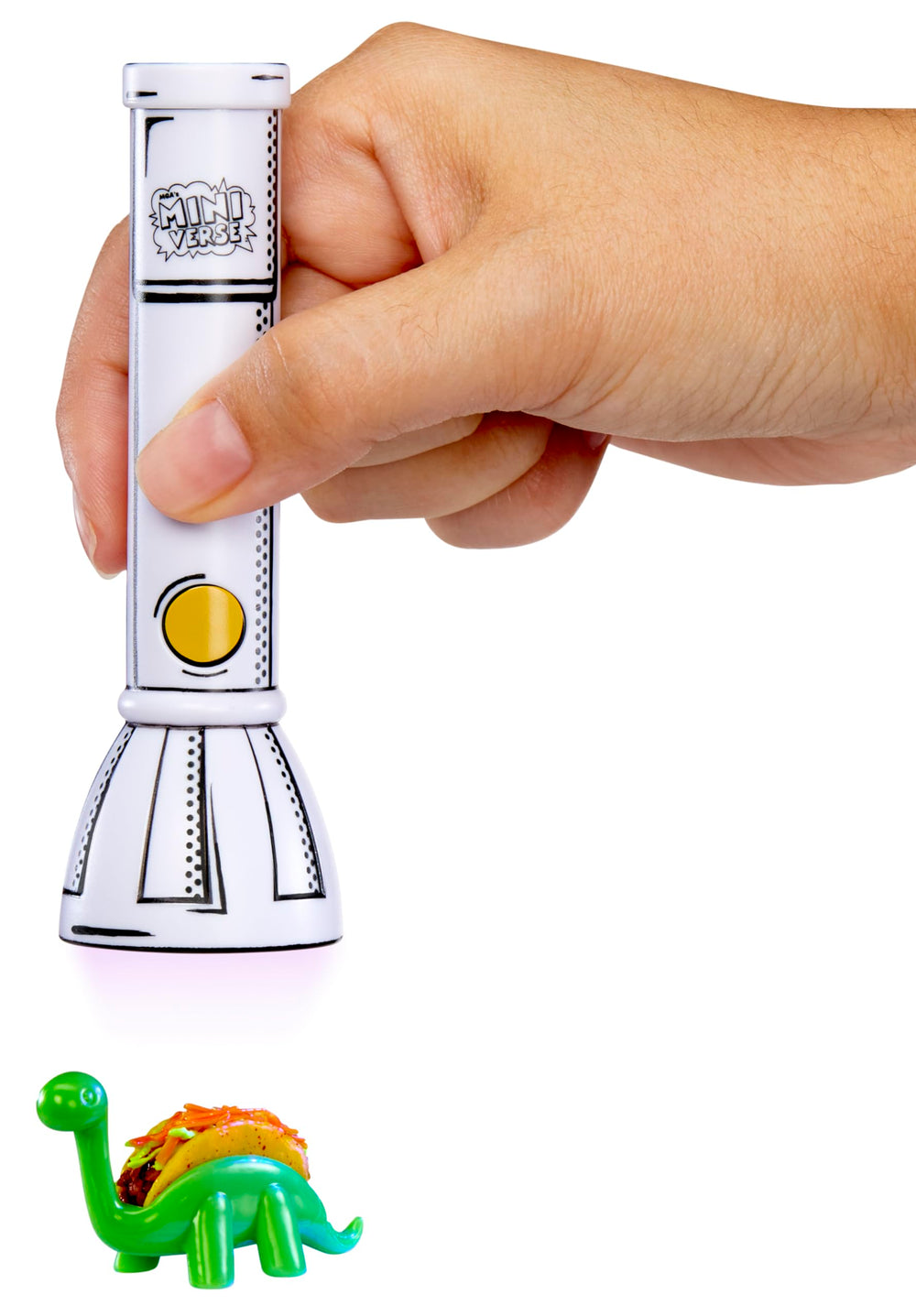 MGA's Miniverse Make It Mini UV Light usage closeup showcasing one-button operation