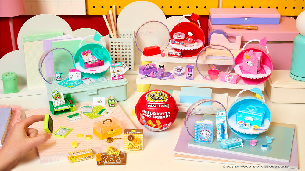 Unwrapped mini stationery items with tactile textures and vibrant colors.