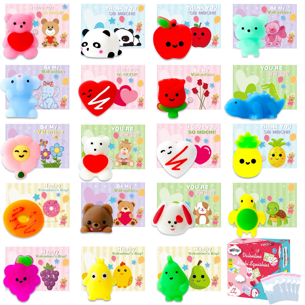 MGparty Valentines mochi squishies heart: compact stress-relief toys for kids' classroom party favors.
