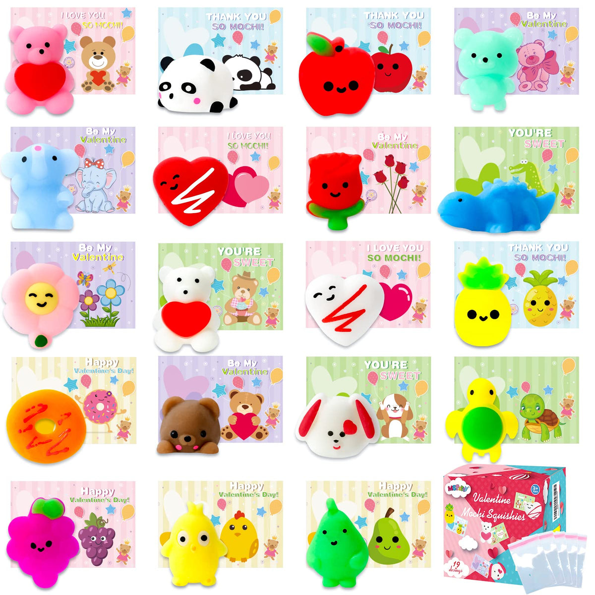 MGparty Valentines mochi squishies heart: compact stress-relief toys for kids' classroom party favors.
