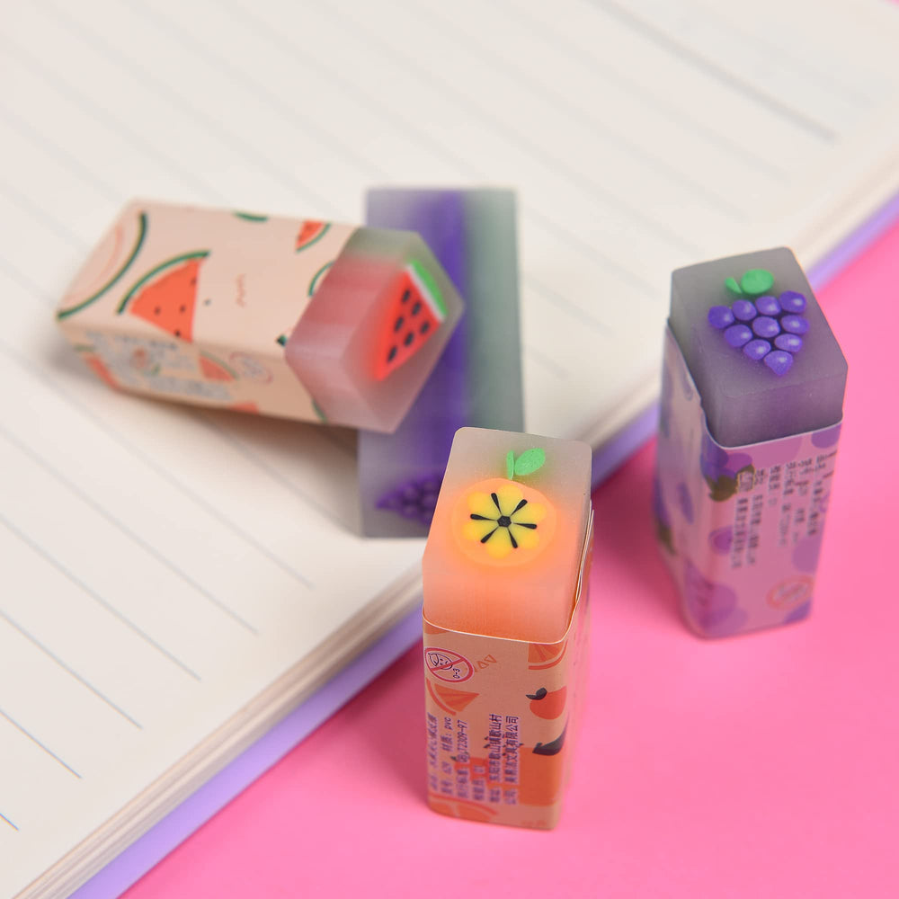 MGTECH fruit erasers pack visual close-up showcases three cheerful fruit designs.