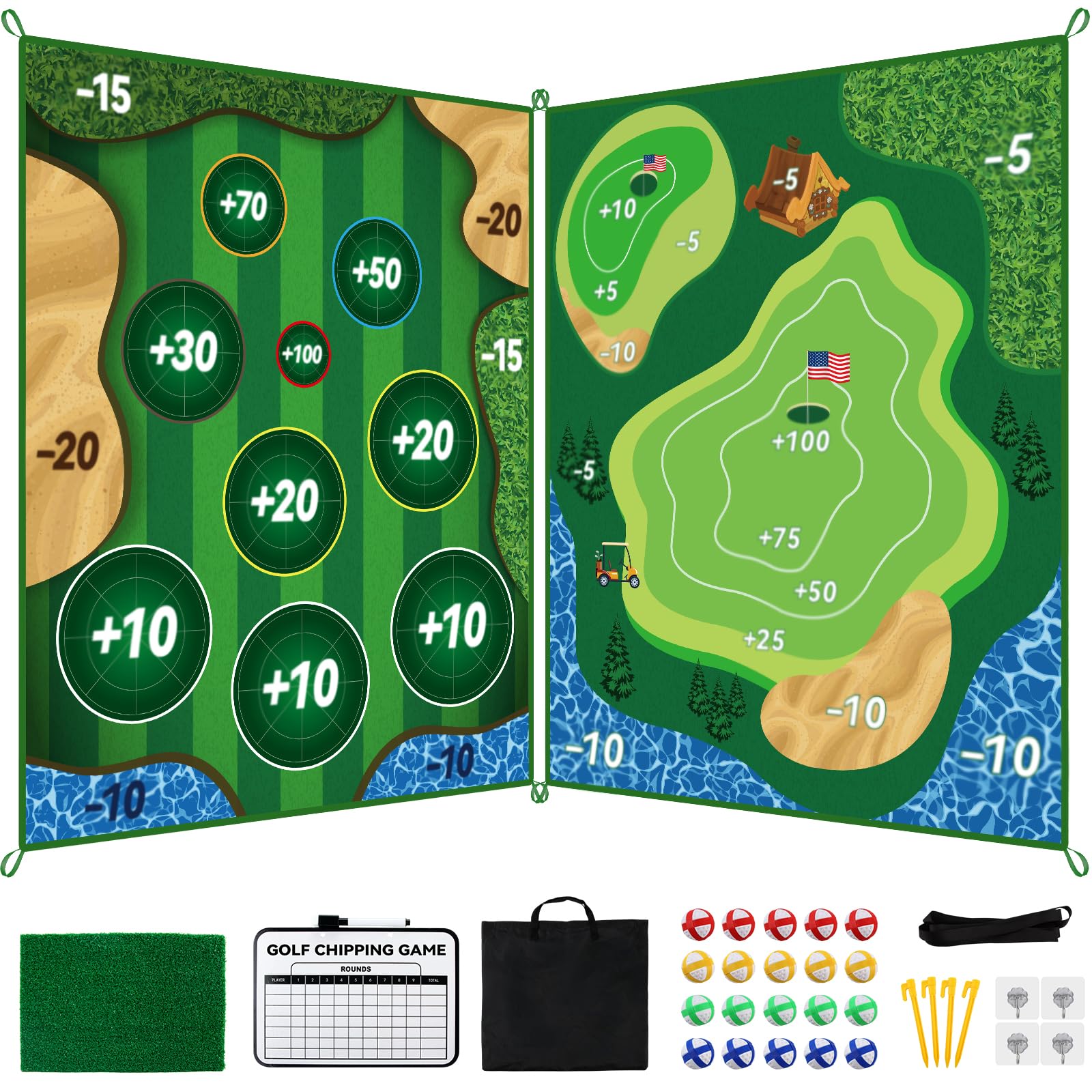 MGVK double-sided chipping game mat laid out in backyard for versatile practice