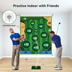 MGVK wall-mountable golf mat shown on a wall for space-saving play