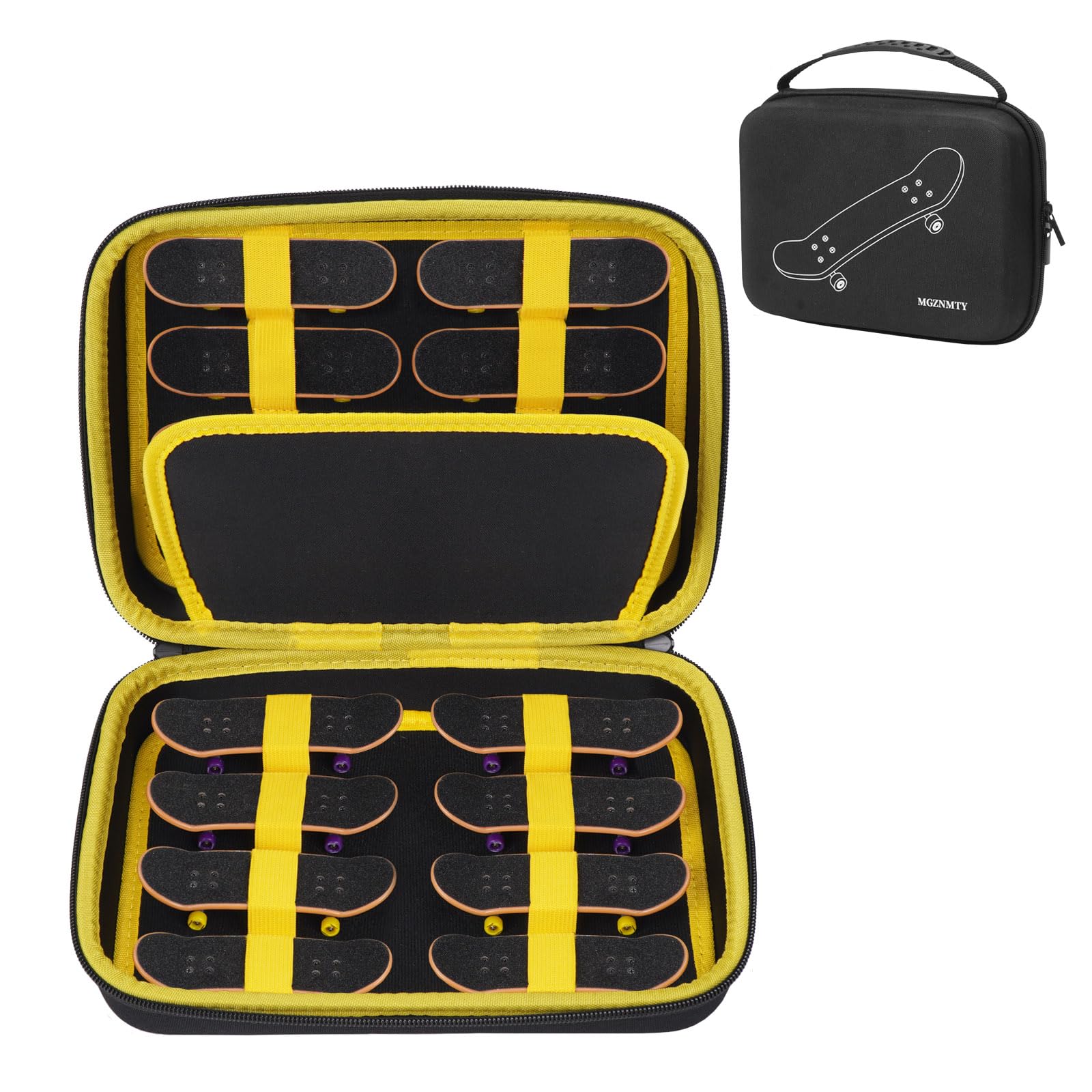 MGZNMTY teck deck case top view, compact portable storage for finger skateboards.