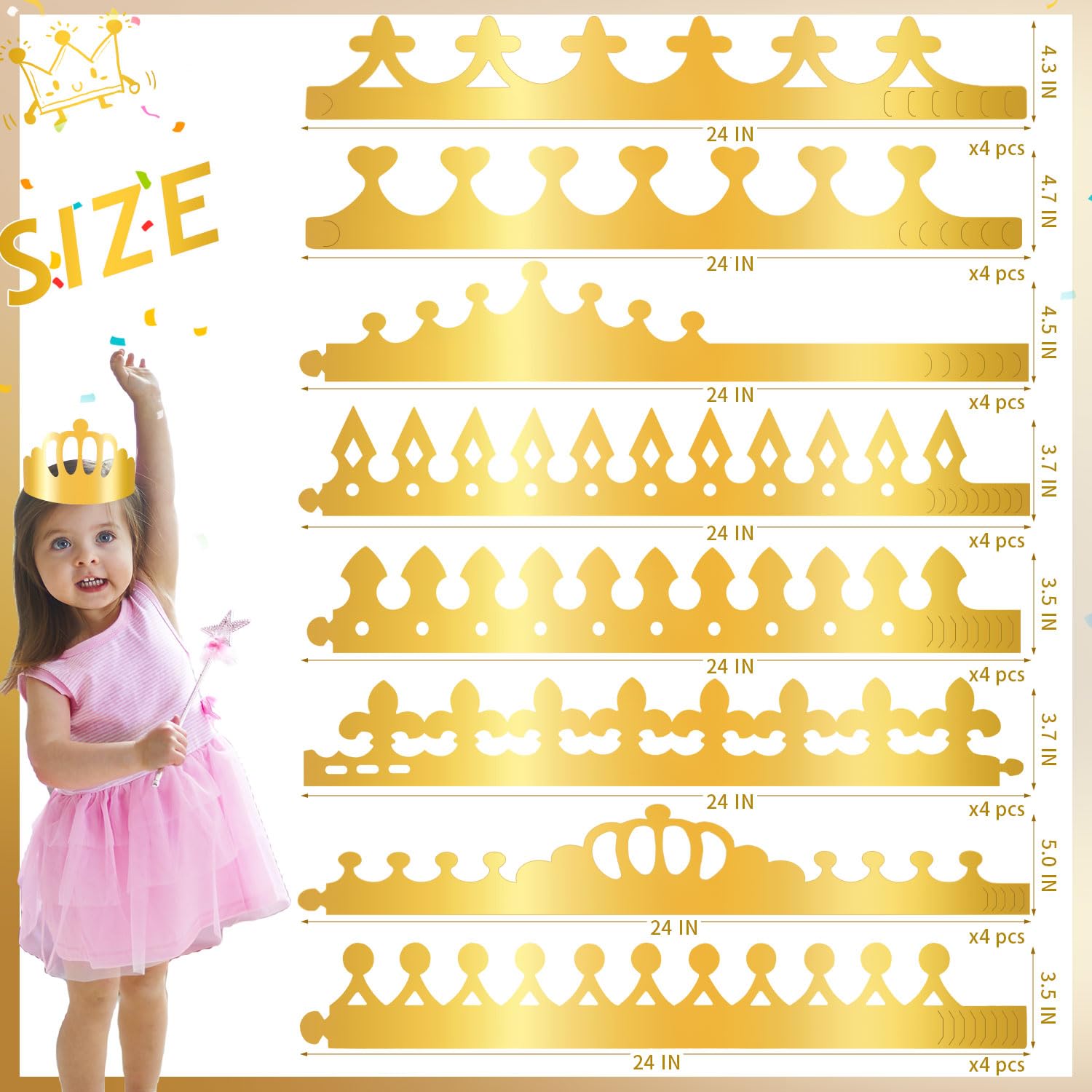 Durable laser gold cardboard MGZTTHW crowns designed for repeated party use