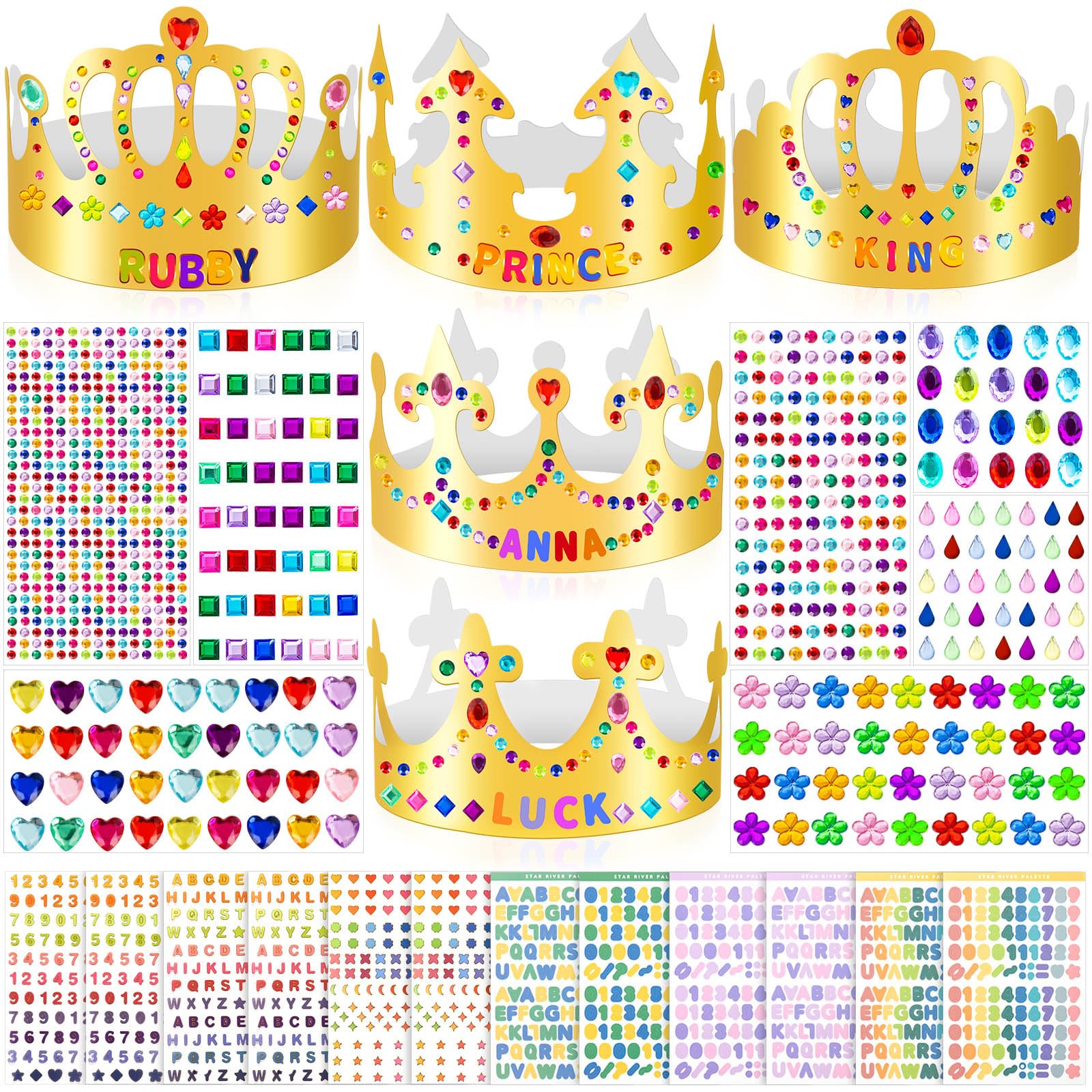 MGZTTHW gold paper crowns kit front view, 35 pieces, ideal for personalized party fun.