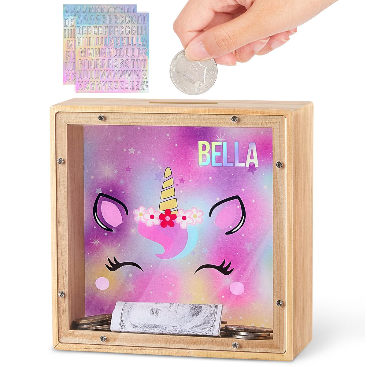MHJY dinosaur unicorn piggy bank front view, colorful and kid-friendly for saving
