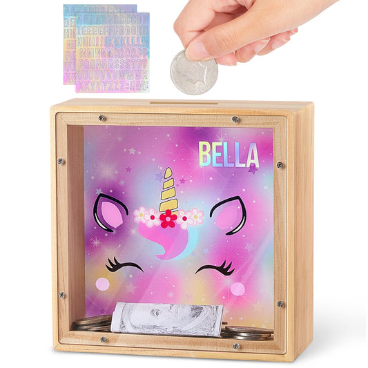 MHJY dinosaur unicorn piggy bank front view, colorful and kid-friendly for saving