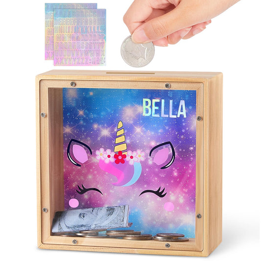 MHJY dinosaur unicorn piggy bank in purple and blue, fully assembled for kids.