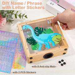 MHJY piggy bank dinosaur blue top view, includes DIY stickers for personalization