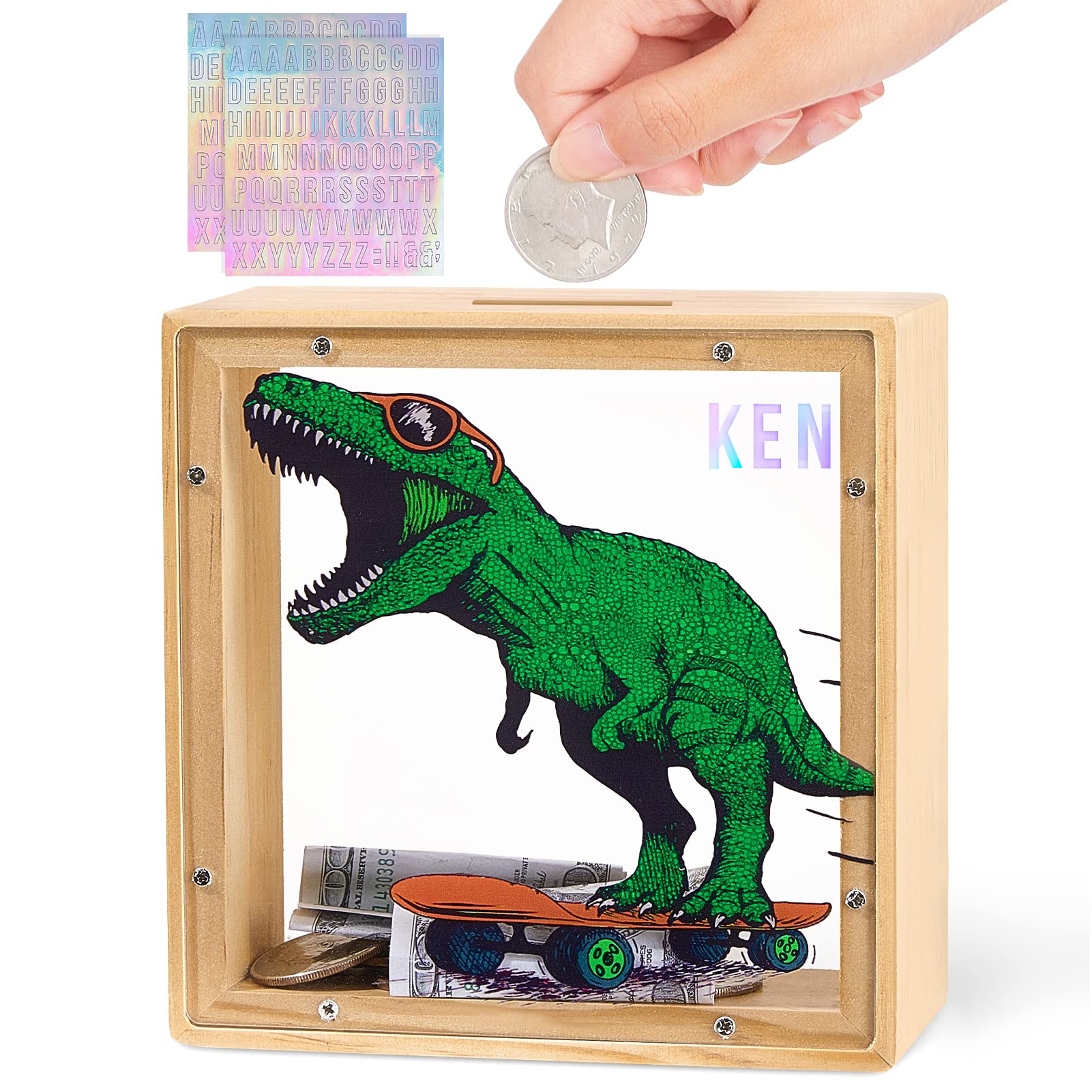 MHJY piggy bank dinosaur-green design with viewable savings to encourage early money habits.