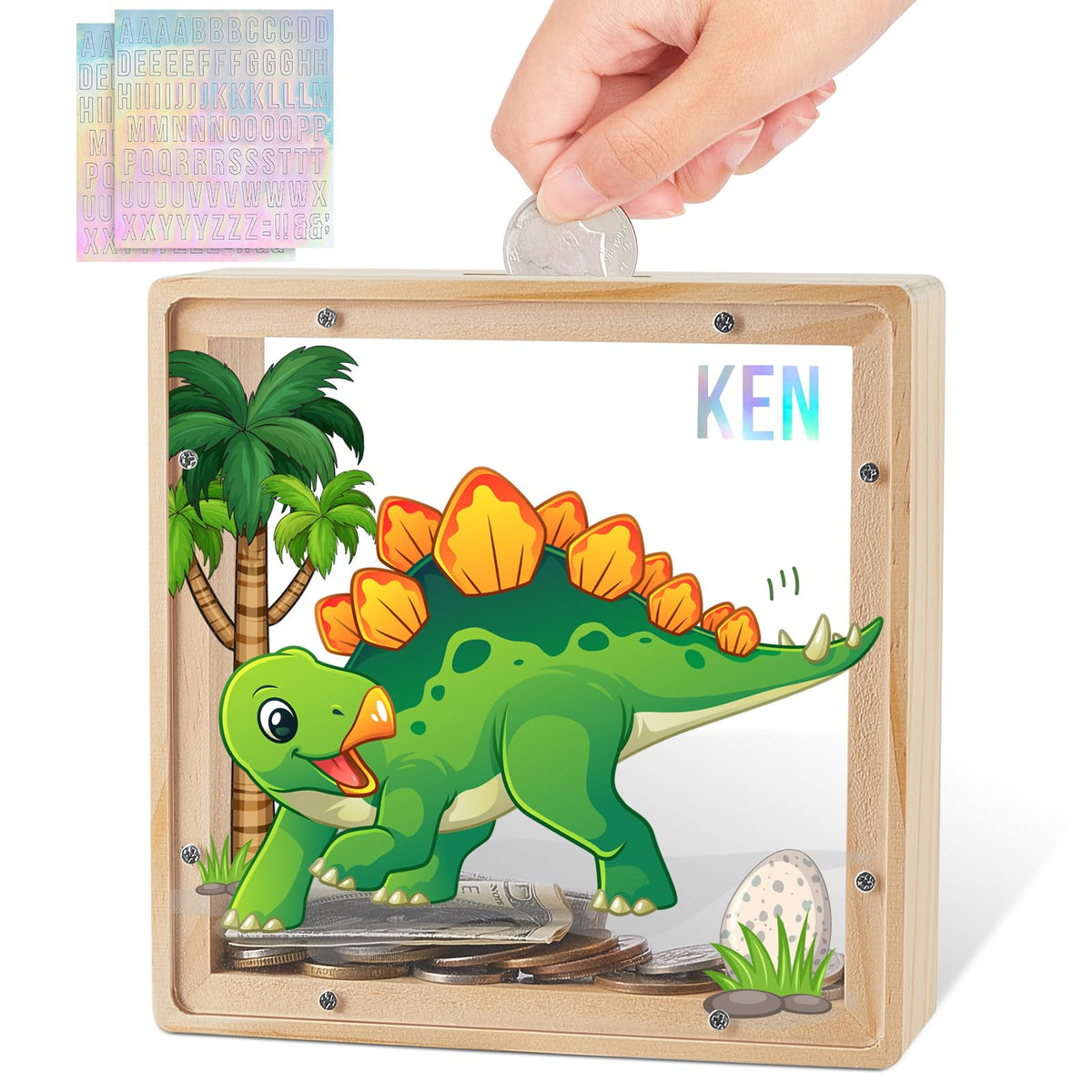 MHJY dinosaur piggy bank in green-yellow invites kids to save with curiosity.