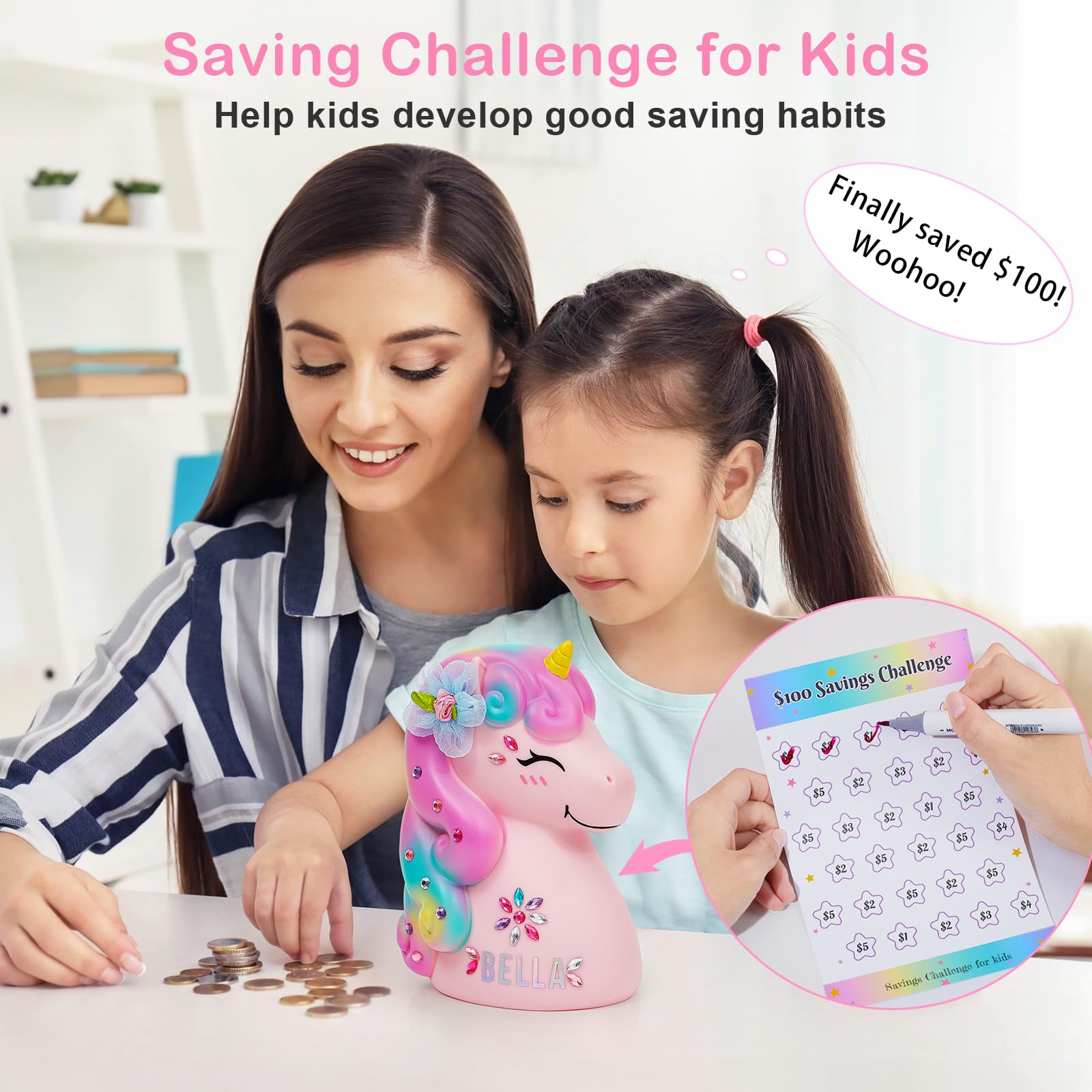 MHJY unicorn piggy bank includes savings challenge cards for goal setting
