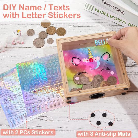 MHJY piggy bank shows transparent acrylic panel to watch savings grow.