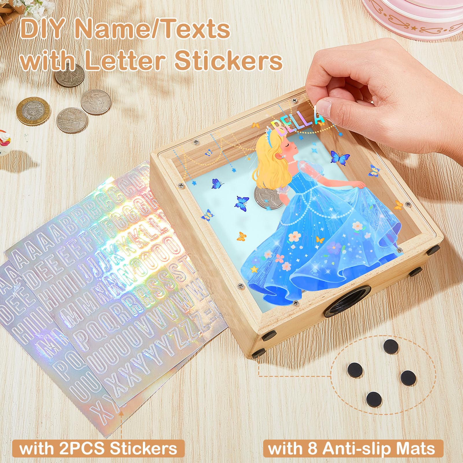 MHJY piggy bank with transparent acrylic panel showing savings progress