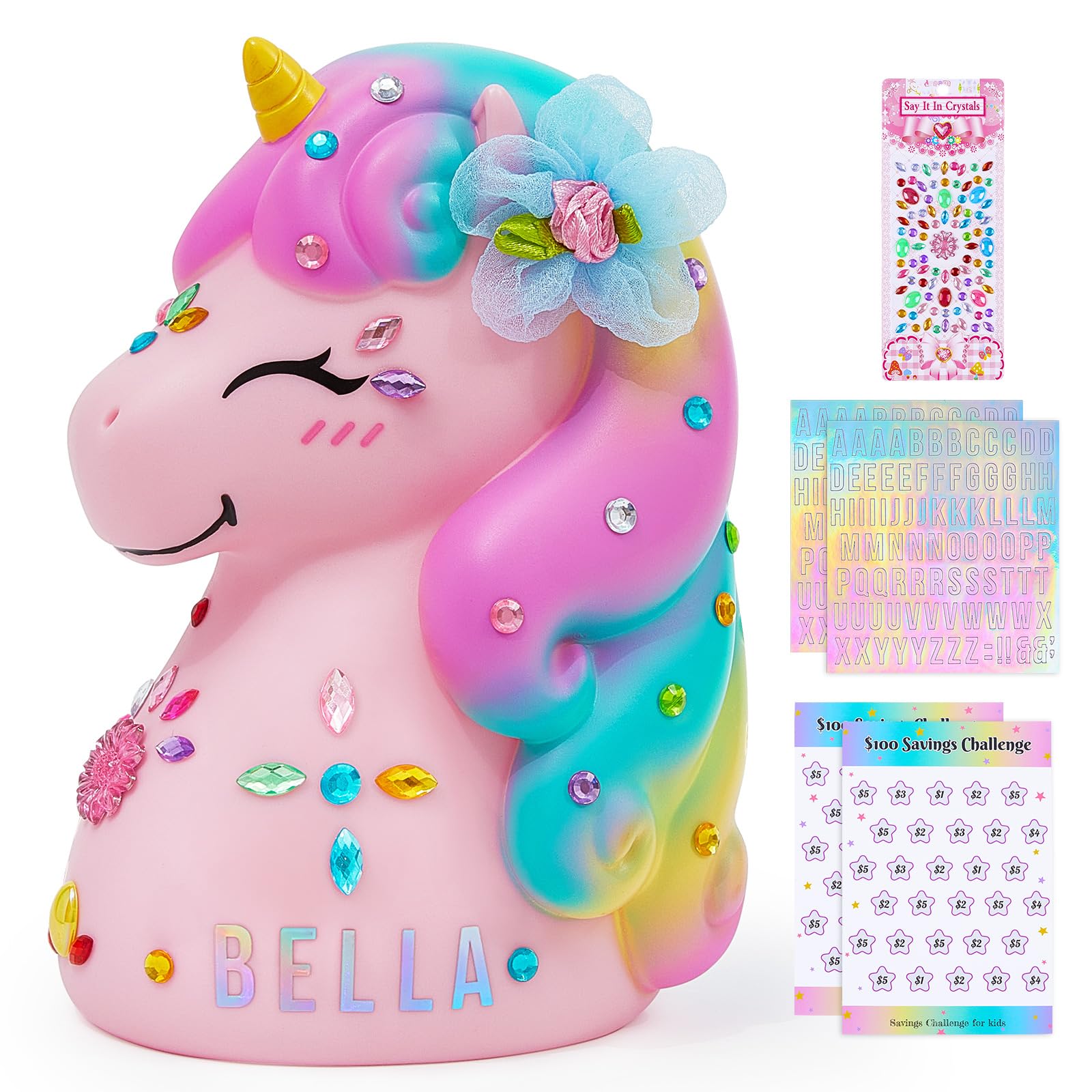 MHJY unicorn piggy bank with DIY rhinestone stickers for personalized decor
