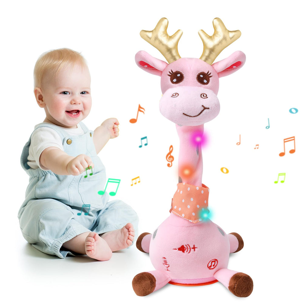 MIAODAM pink dancing talking giraffe plush with lights for lively playtime.