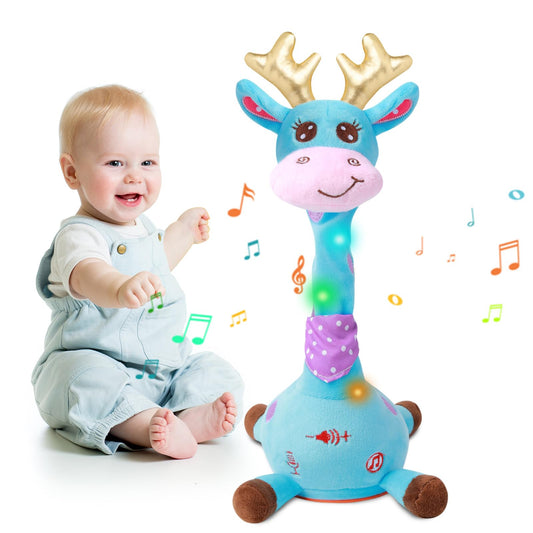 MIAODAM dancing giraffe plush toy with blue lights for interactive play.